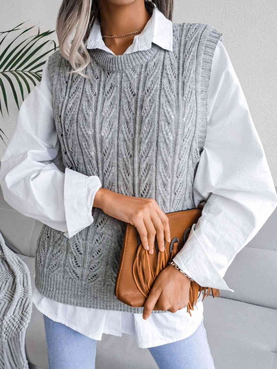 Round Neck  Capped Sleeve Sweater Vest Trendsi