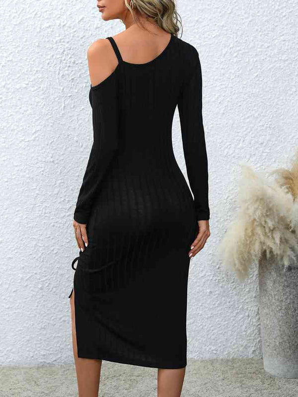 Asymmetrical Neck Drawstring Slit Dress -BazaarBey - www.shopbazaarbey.com