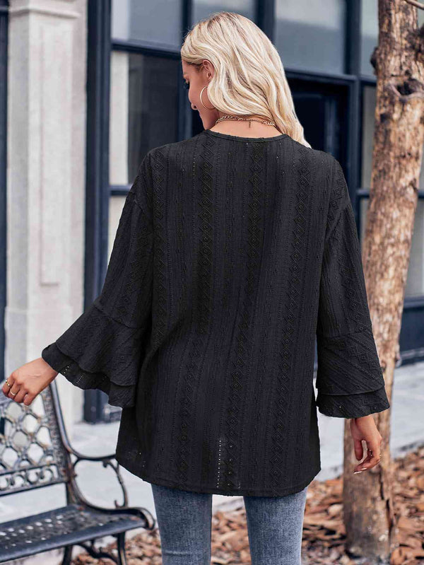 Eyelet Bell Sleeve Cardigan Trendsi