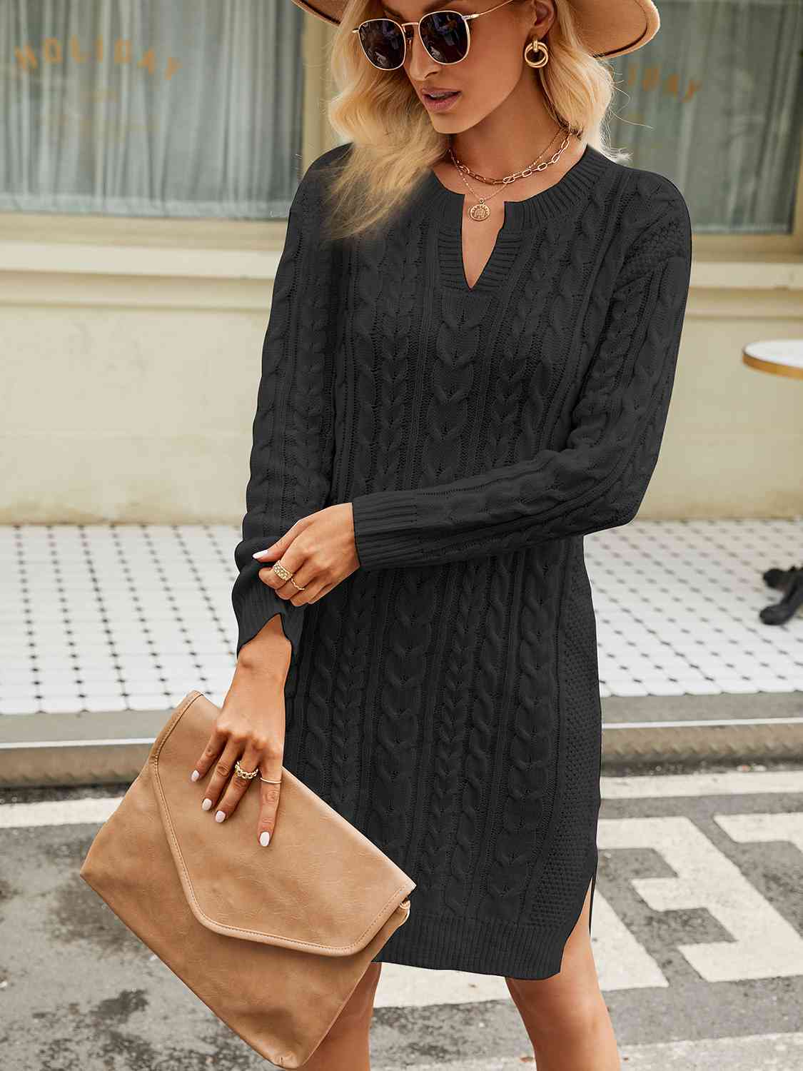 Notched Neck Cable-Knit Slit Sweater Dress Bazaarbey