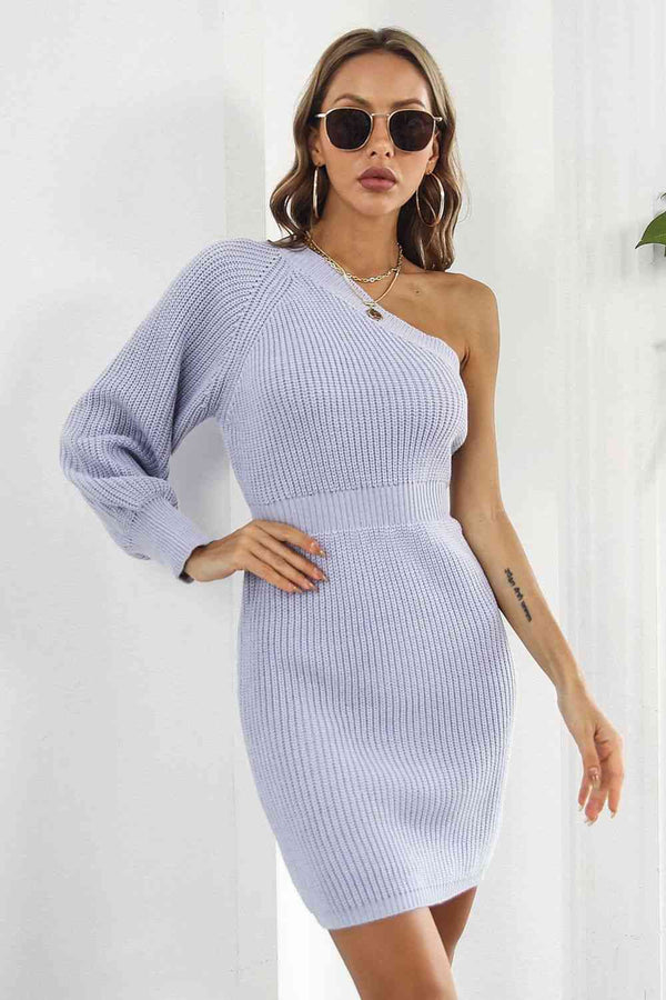 One Shoulder Raglan Sleeve Pencil Sweater Dress Bazaarbey