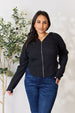 Full Size Ribbed Zip Up Drawstring Hooded Jacket Trendsi