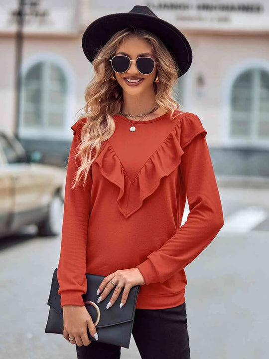 Ruffled Round Neck Long Sleeve Top Bazaarbey