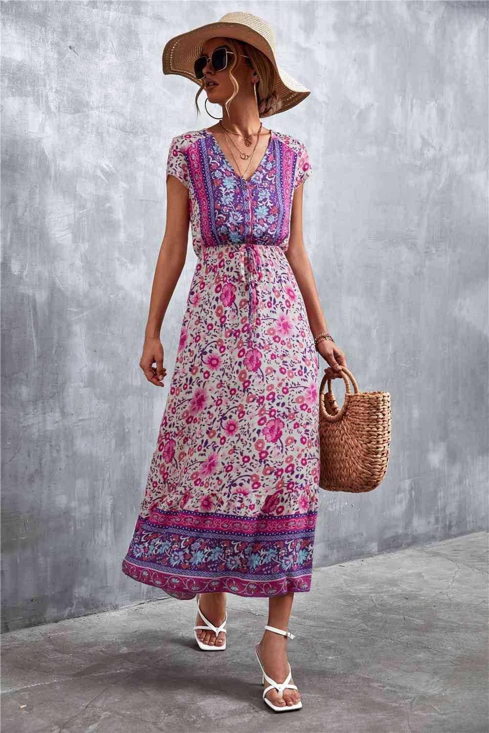 V-Neck Short Sleeve Printed Maxi Dress Bazaarbey