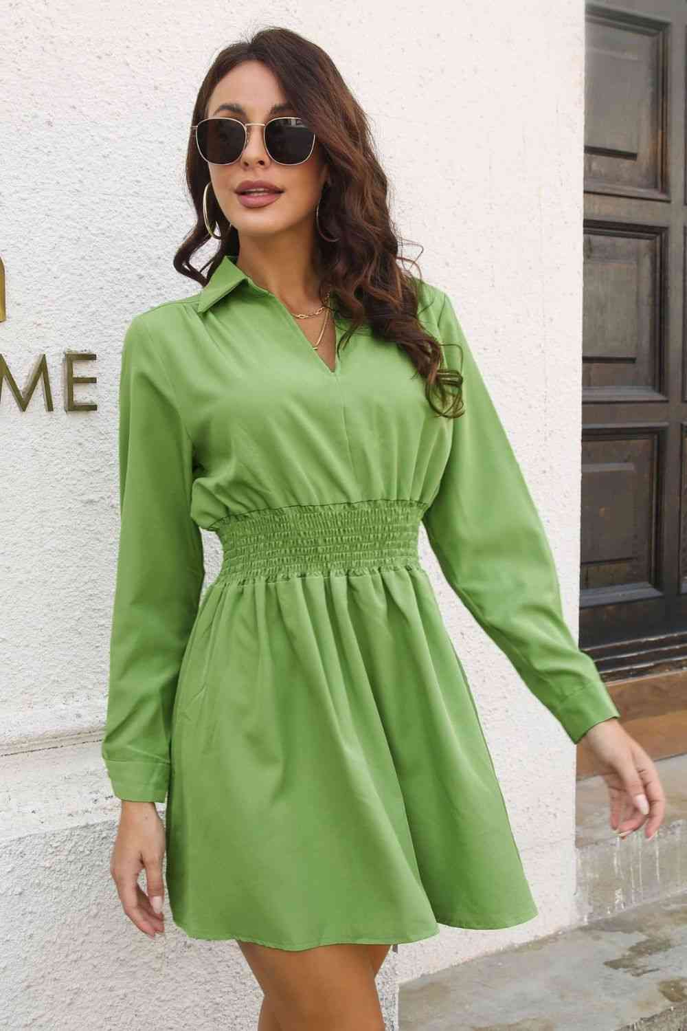  Smocked Waist Long Sleeve Mini Dress -BazaarBey - www.shopbazaarbey.com