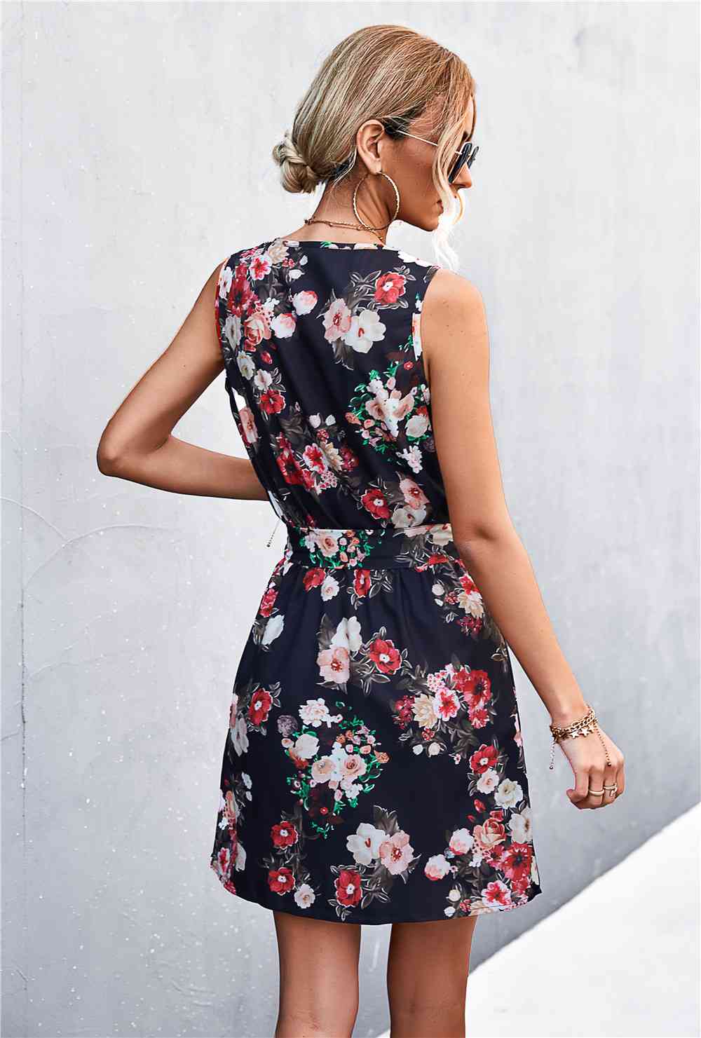 Printed Zip Detail Belted Sleeveless Dress -BazaarBey - www.shopbazaarbey.com