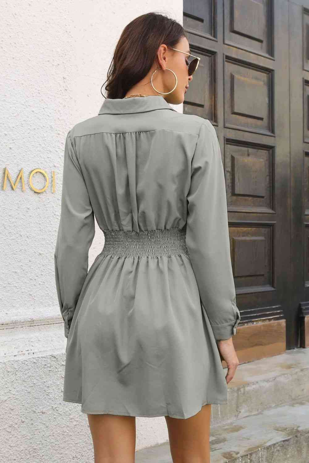  Smocked Waist Long Sleeve Mini Dress -BazaarBey - www.shopbazaarbey.com