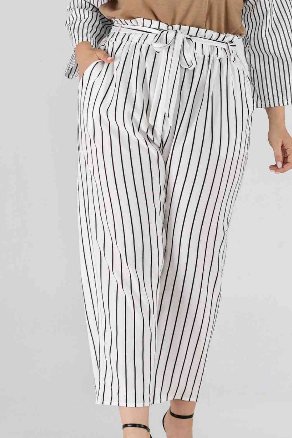 Full Size Striped Paperbag Waist Cropped Pants Bazaarbey