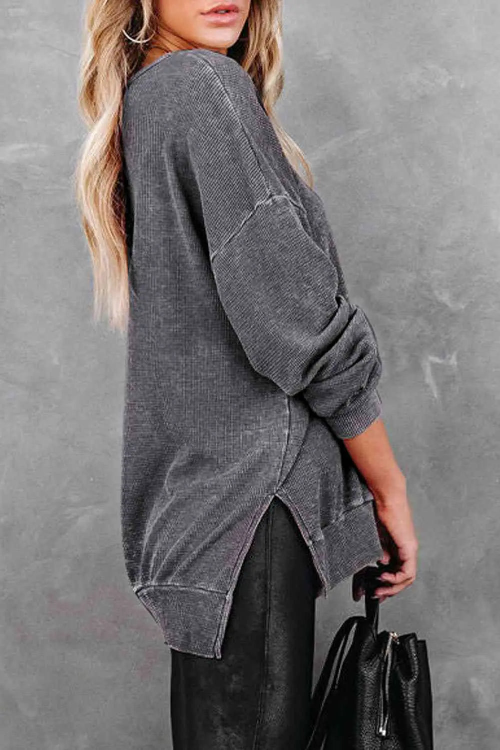 Waffle Knit Side Slit Drop Shoulder Sweatshirt Bazaarbey