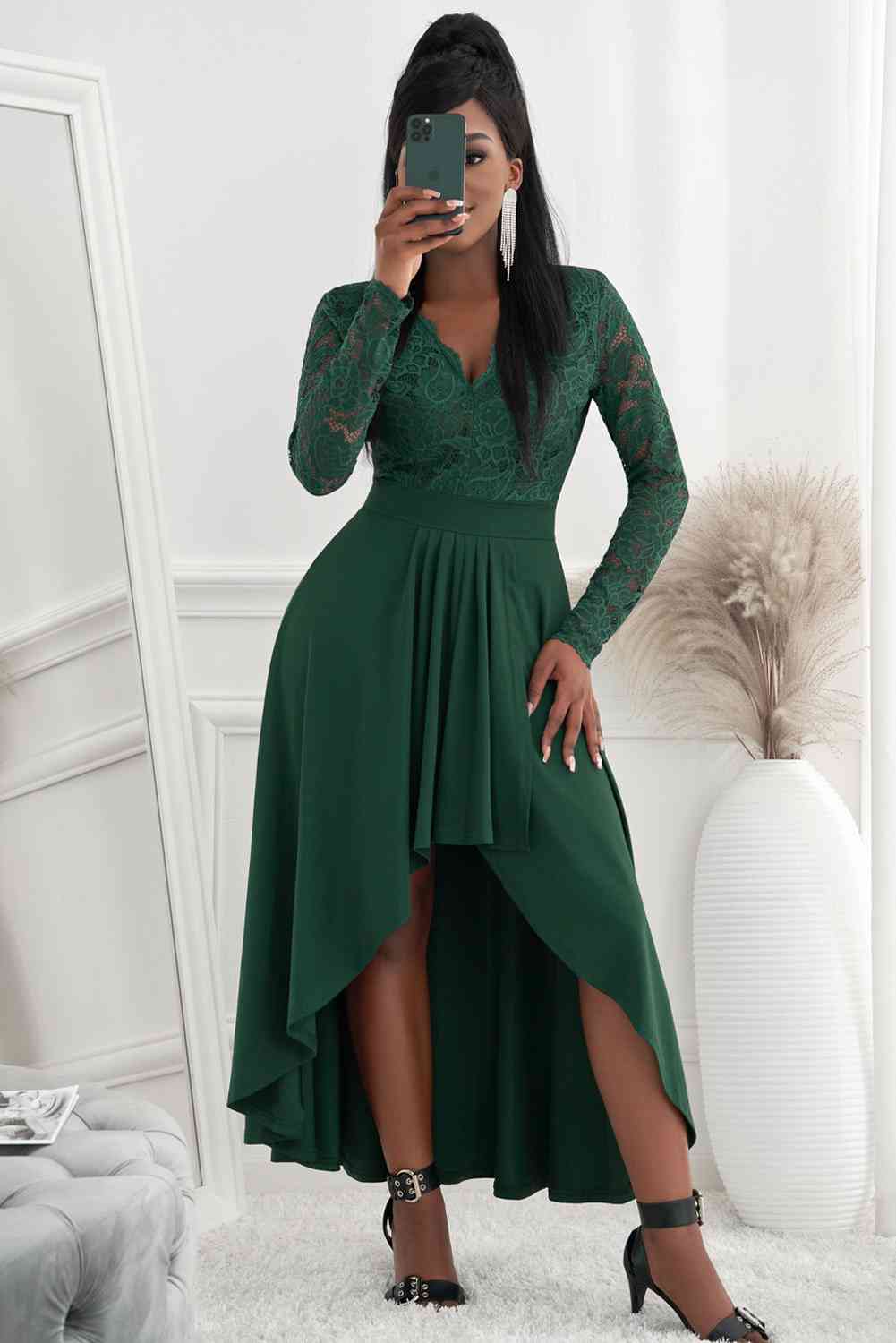 Lace High-Low V-Neck Dress Bazaarbey