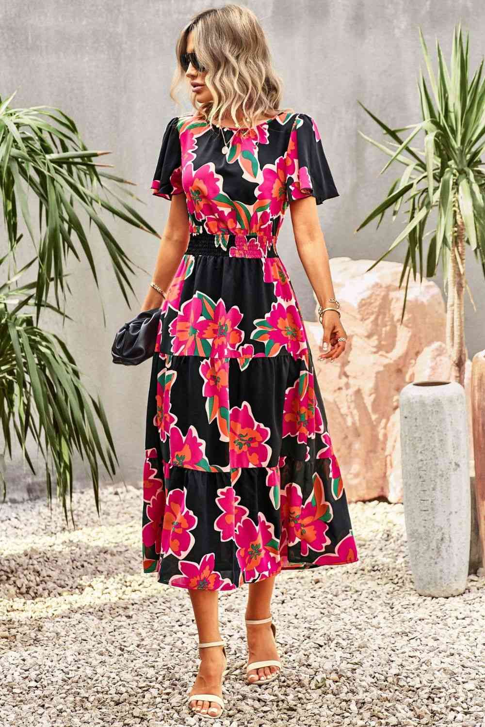 Floral Puff Sleeve Tiered Midi Dress -BazaarBey - www.shopbazaarbey.com