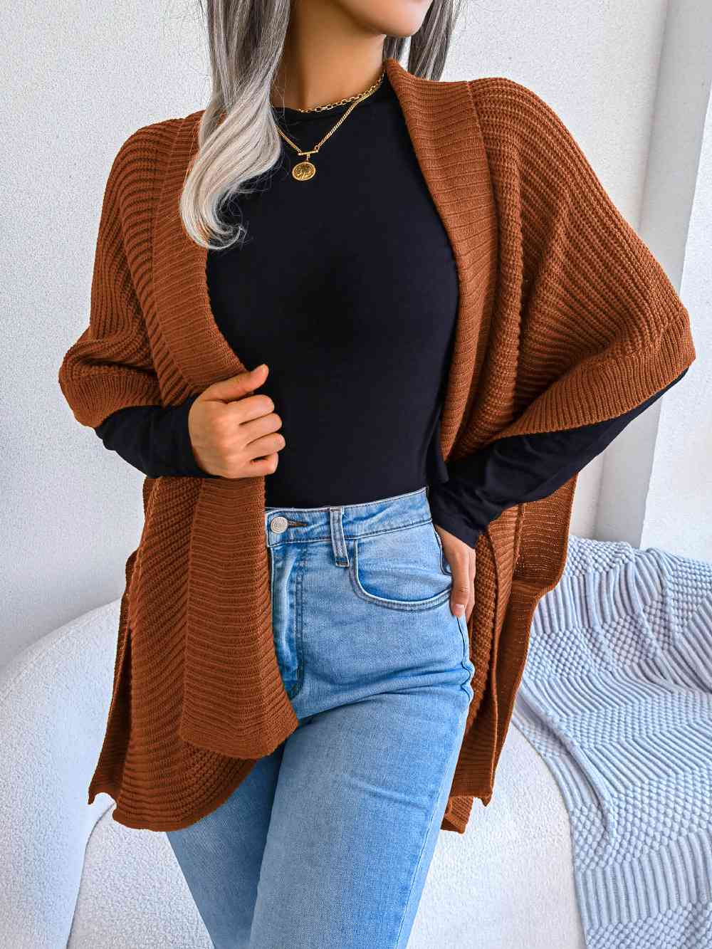 Horizontal Ribbing Open Front Slit Cardigan Trendsi