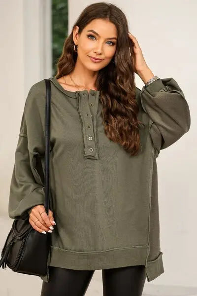 Buttoned Dropped Shoulder Sweatshirt Bazaarbey