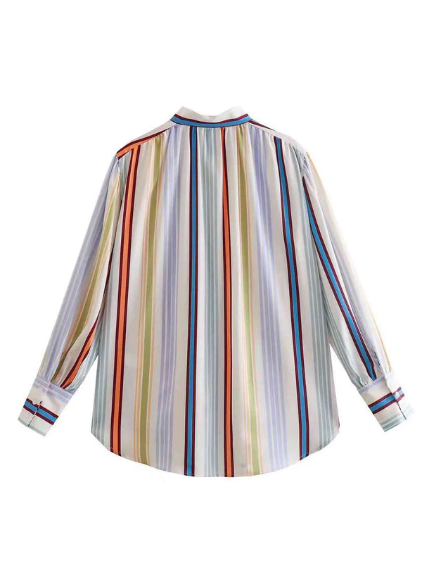 Striped Button Down Lantern Sleeve Shirt Trendsi