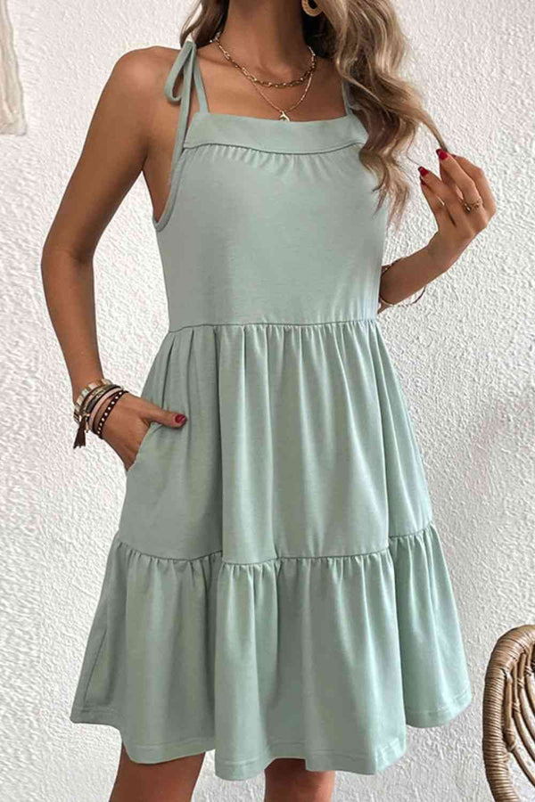 Tie-Shoulder Tiered Dress with Pockets -BazaarBey - www.shopbazaarbey.com