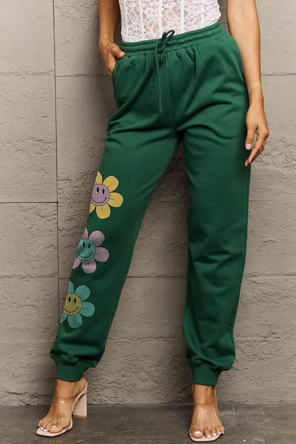    Drawstring Flower Graphic Long Sweatpants Bazaarbey