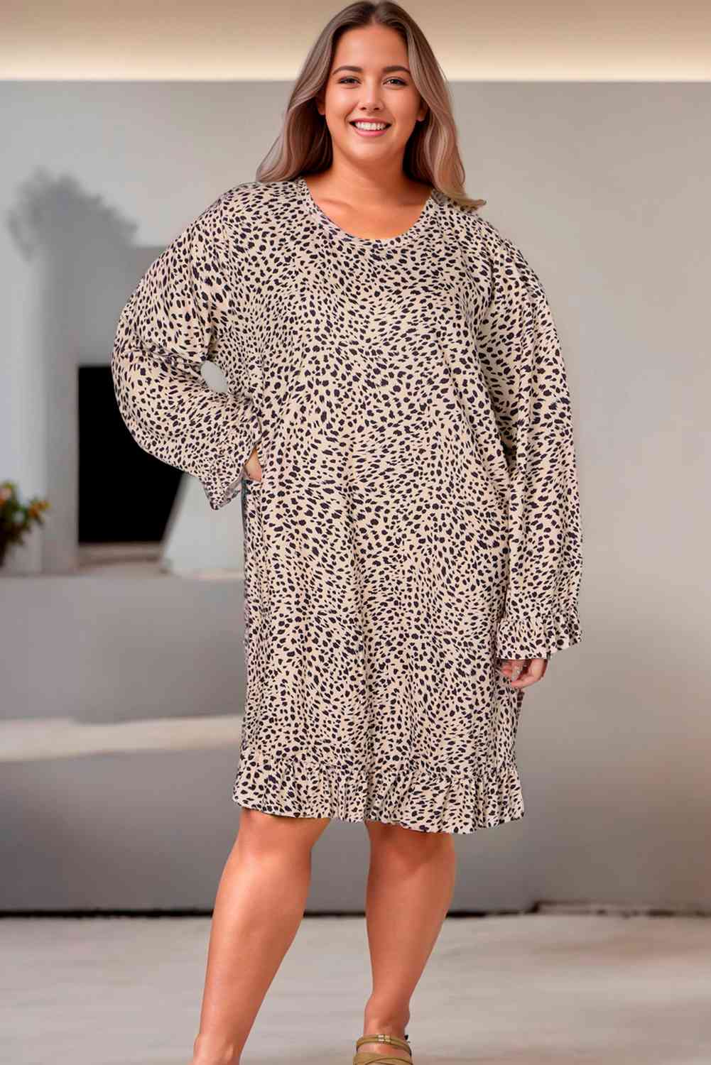 Plus Size Leopard Print Long Sleeve Mini Dress -BazaarBey - www.shopbazaarbey.com