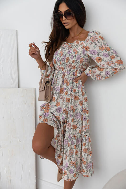 Floral Smocked Square Neck Dress -BazaarBey - www.shopbazaarbey.com