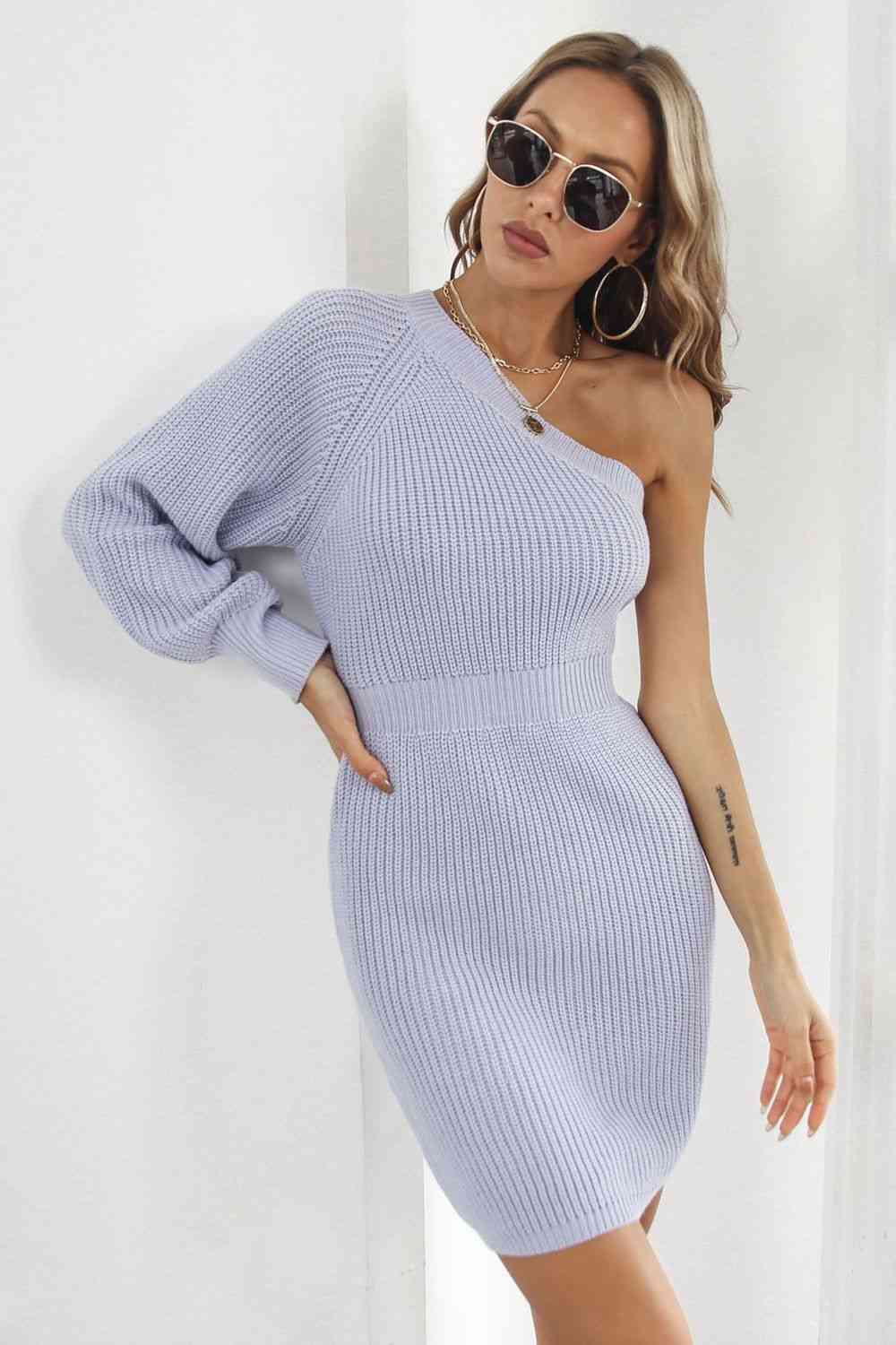 One Shoulder Raglan Sleeve Pencil Sweater Dress Bazaarbey