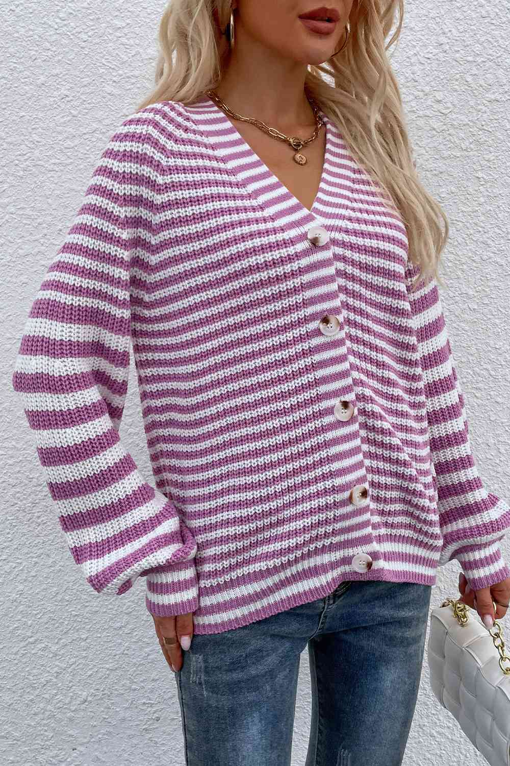 Striped V-Neck Button-Down Cardigan Trendsi