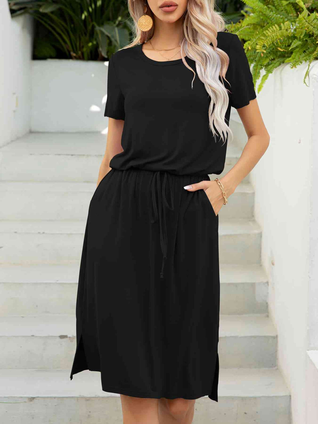 Round Neck Short Sleeve Slit Dress with Pockets -BazaarBey - www.shopbazaarbey.com