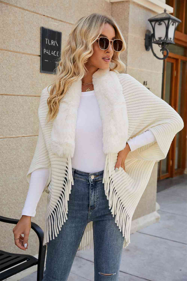 Fringe Detail Long Sleeve Ribbed Poncho Bazaarbey