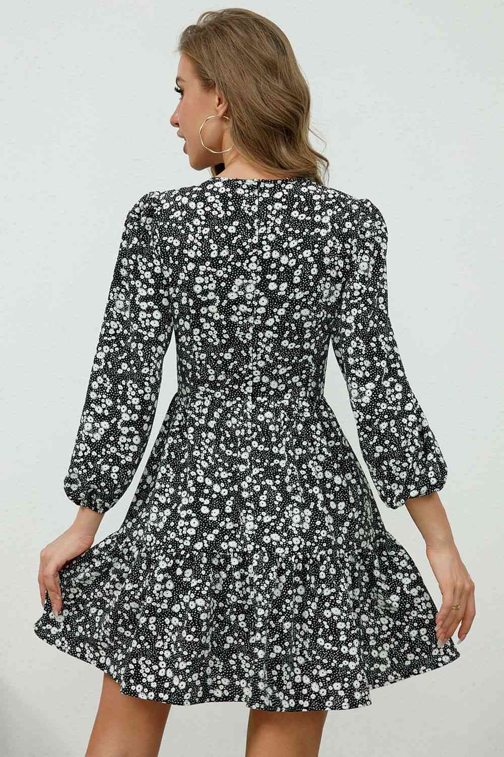 Printed Plunge Neck Flounce Sleeve Mini Dress -BazaarBey - www.shopbazaarbey.com