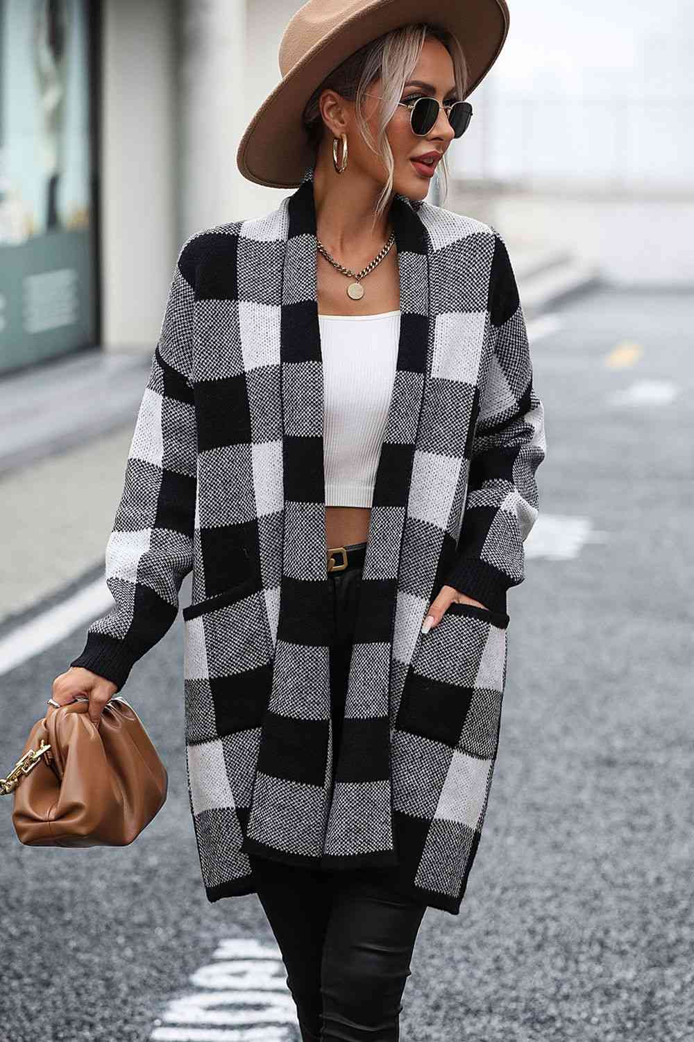 Plaid Dropped Shoulder Cardigan with Pocket Bazaarbey