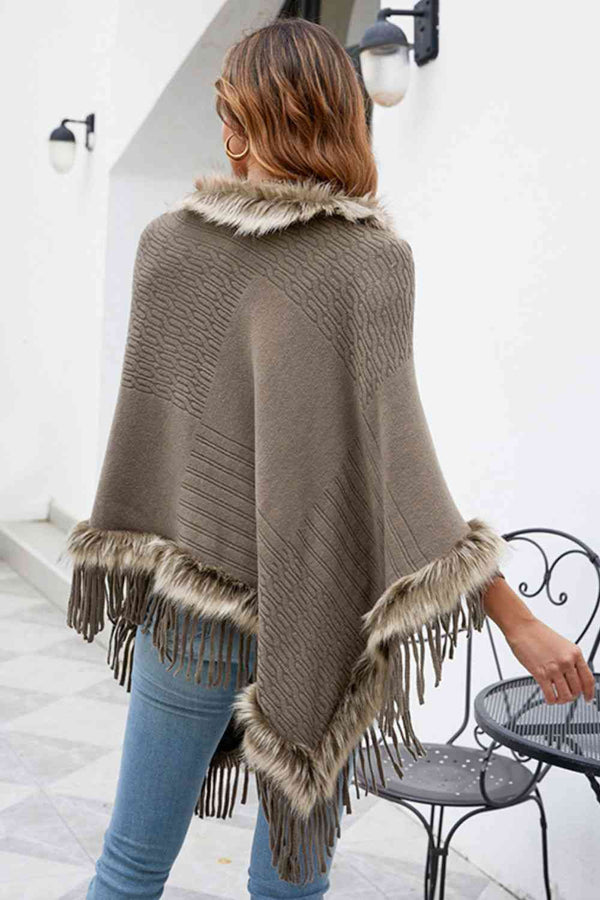 Faux Fur Trim Fringed Poncho Bazaarbey