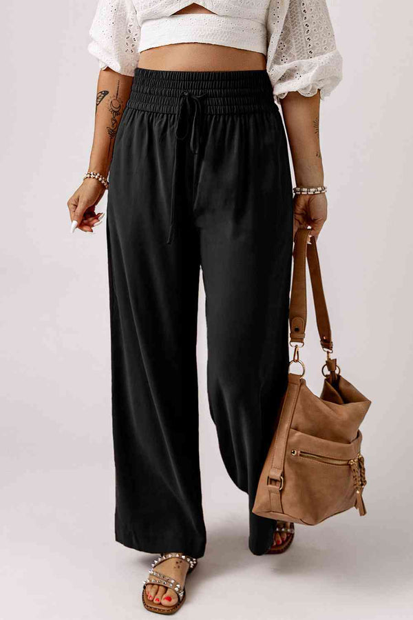 Drawstring Smocked Waist Wide Leg Pants Bazaarbey