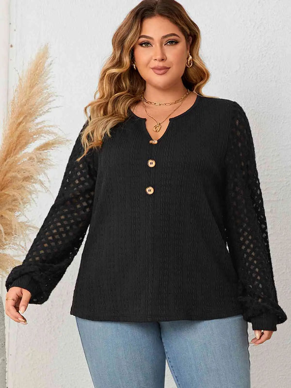 Plus Size Openwork Notched Button Front Blouse Bazaarbey