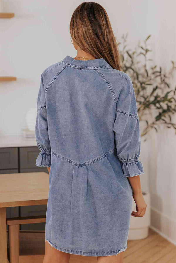 Collared Neck Flounce Sleeve Denim Mini Dress Bazaarbey