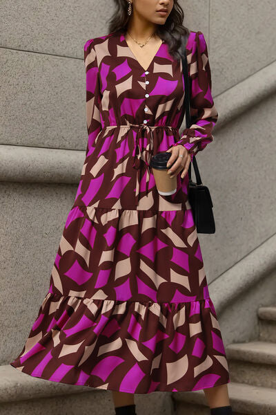 Printed Tied Pocketed Lantern Sleeve Dress Bazaarbey