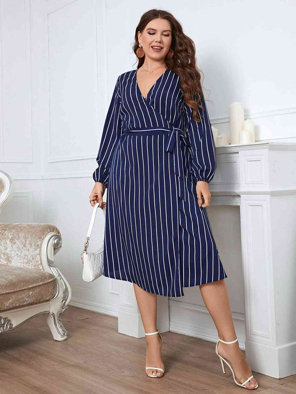  Apparel Plus Size Striped  Neck Long Sleeve Dress -BazaarBey - www.shopbazaarbey.com