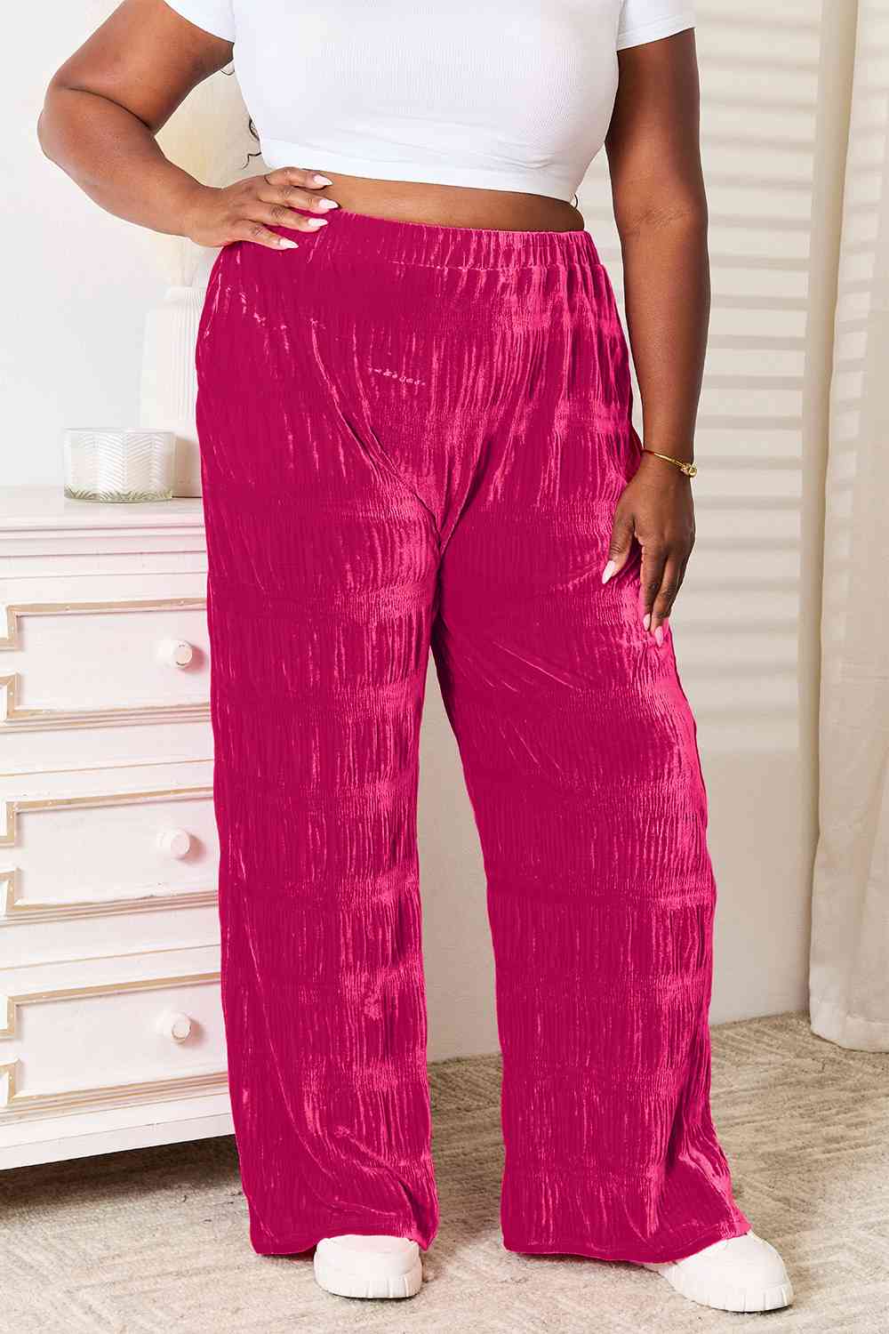   High Waist Tiered Shirring Velvet Wide Leg Pants Bazaarbey