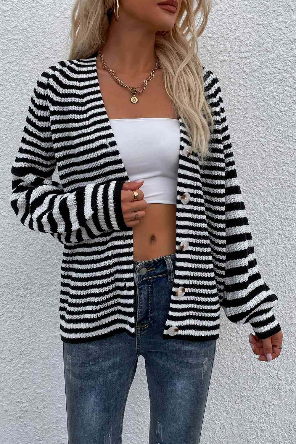 Striped V-Neck Button-Down Cardigan Trendsi