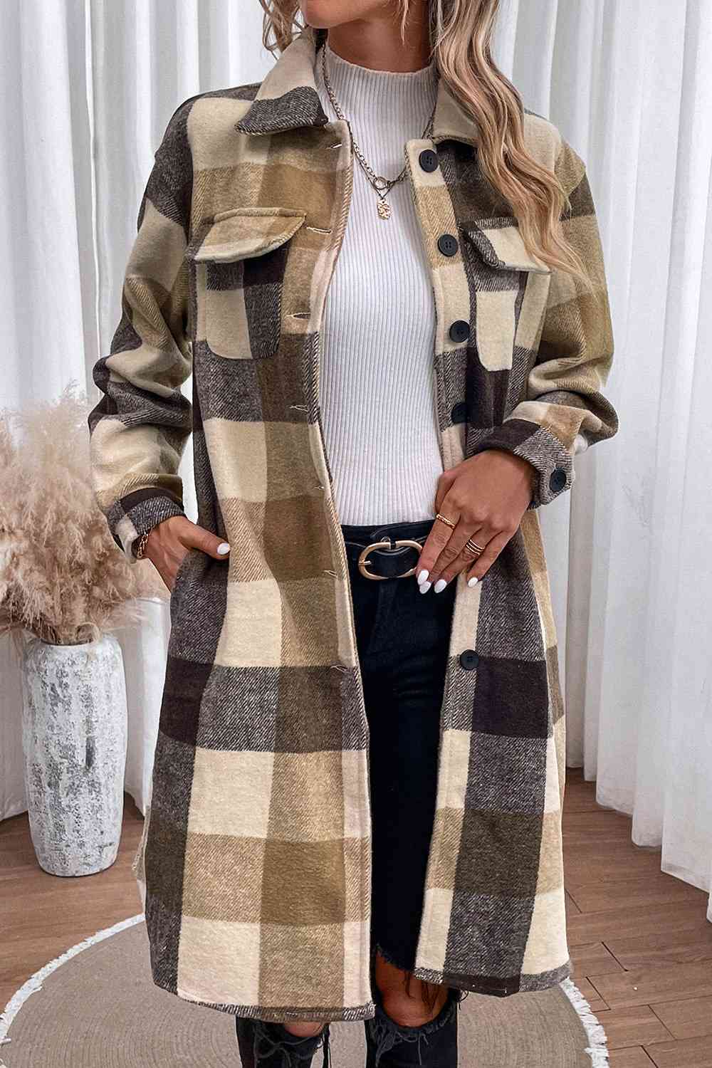 Plaid Button Down  Coat Trendsi