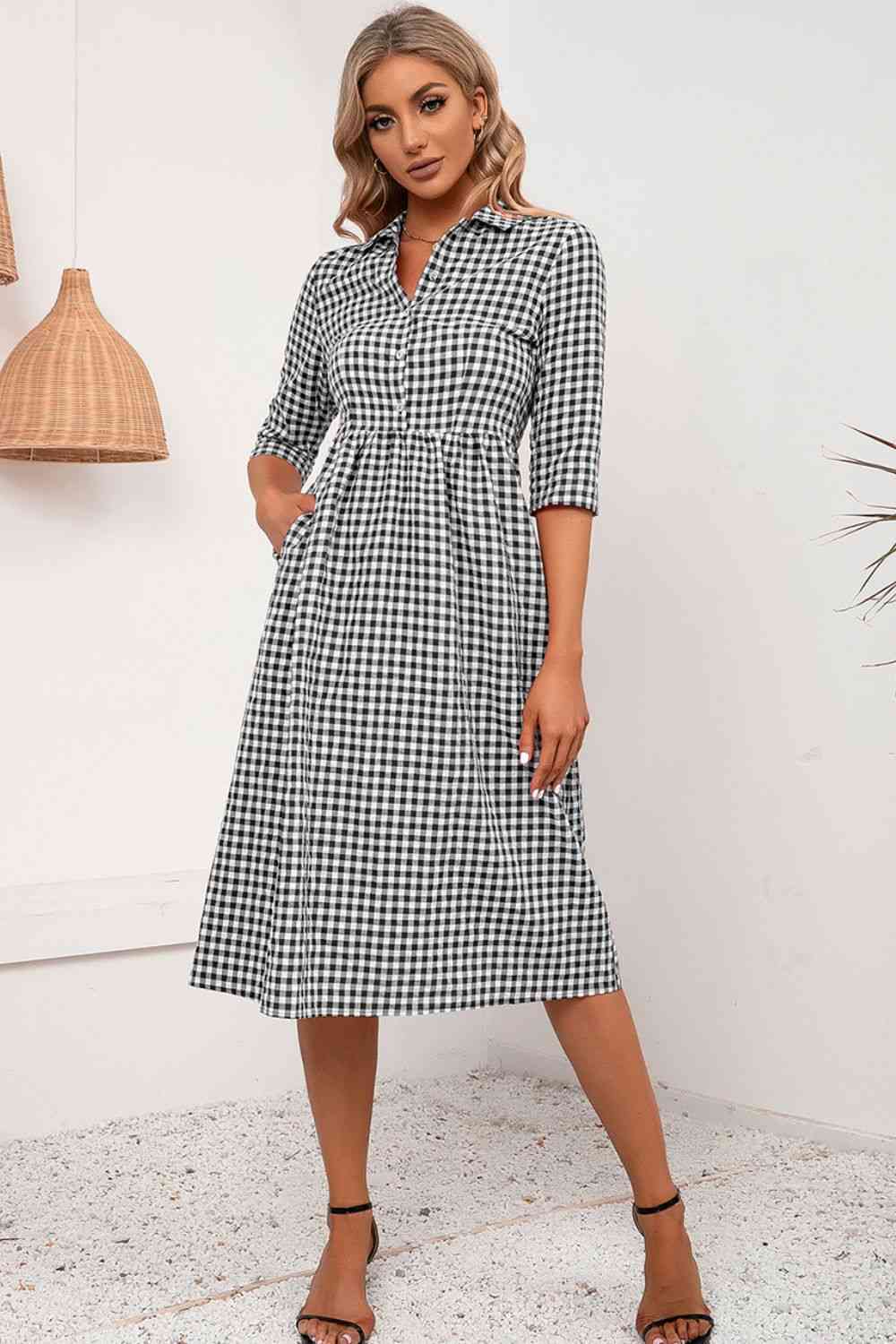 Plaid Collared Neck Midi Dress -BazaarBey - www.shopbazaarbey.com