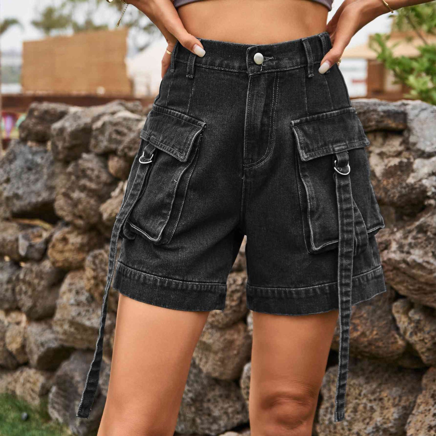 High Waist Denim Cargo Shorts Bazaarbey