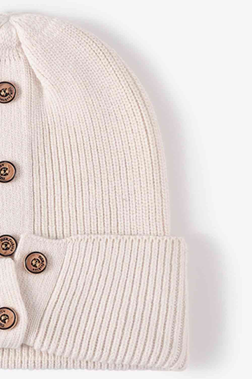 Button Detail Rib-Knit Cuff Beanie Trendsi