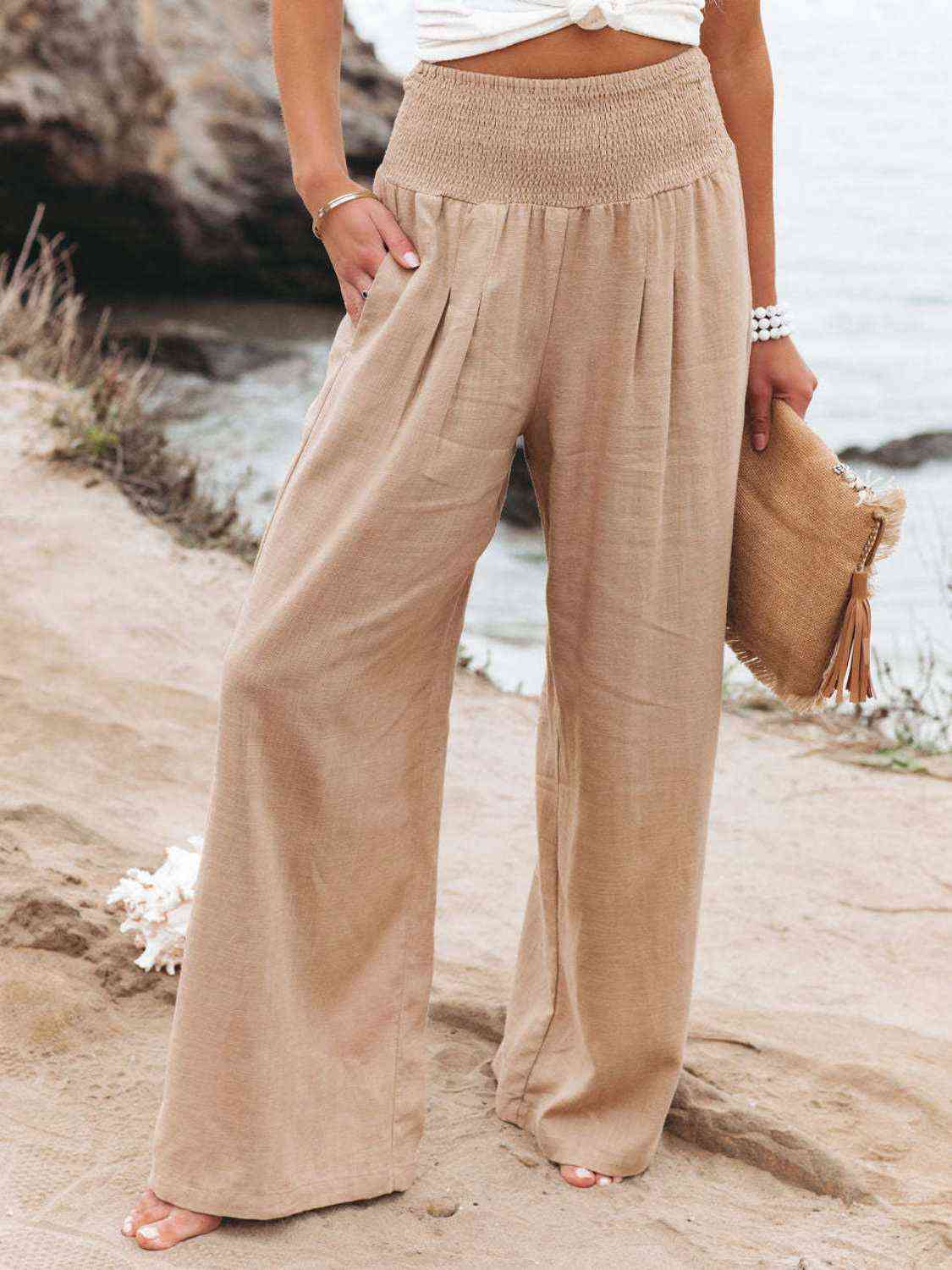  Smocked Waist Wide Leg Pants Bazaarbey