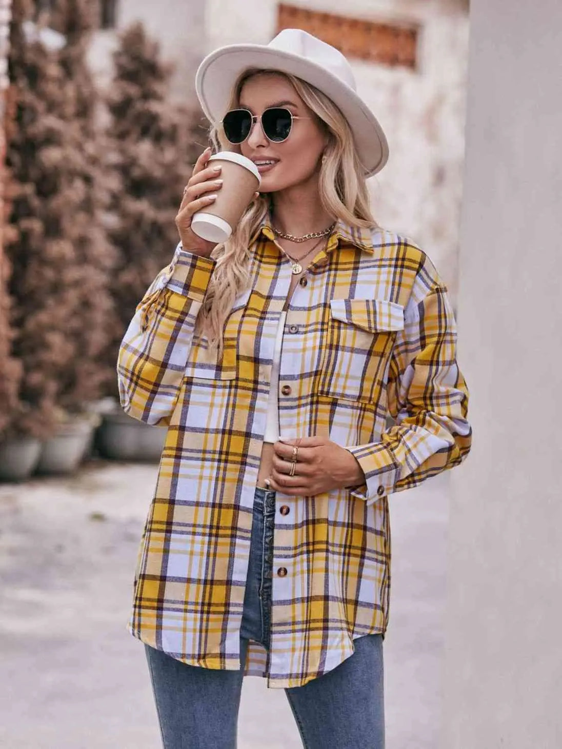 Plaid Dropped Shoulder Longline Shirt Trendsi