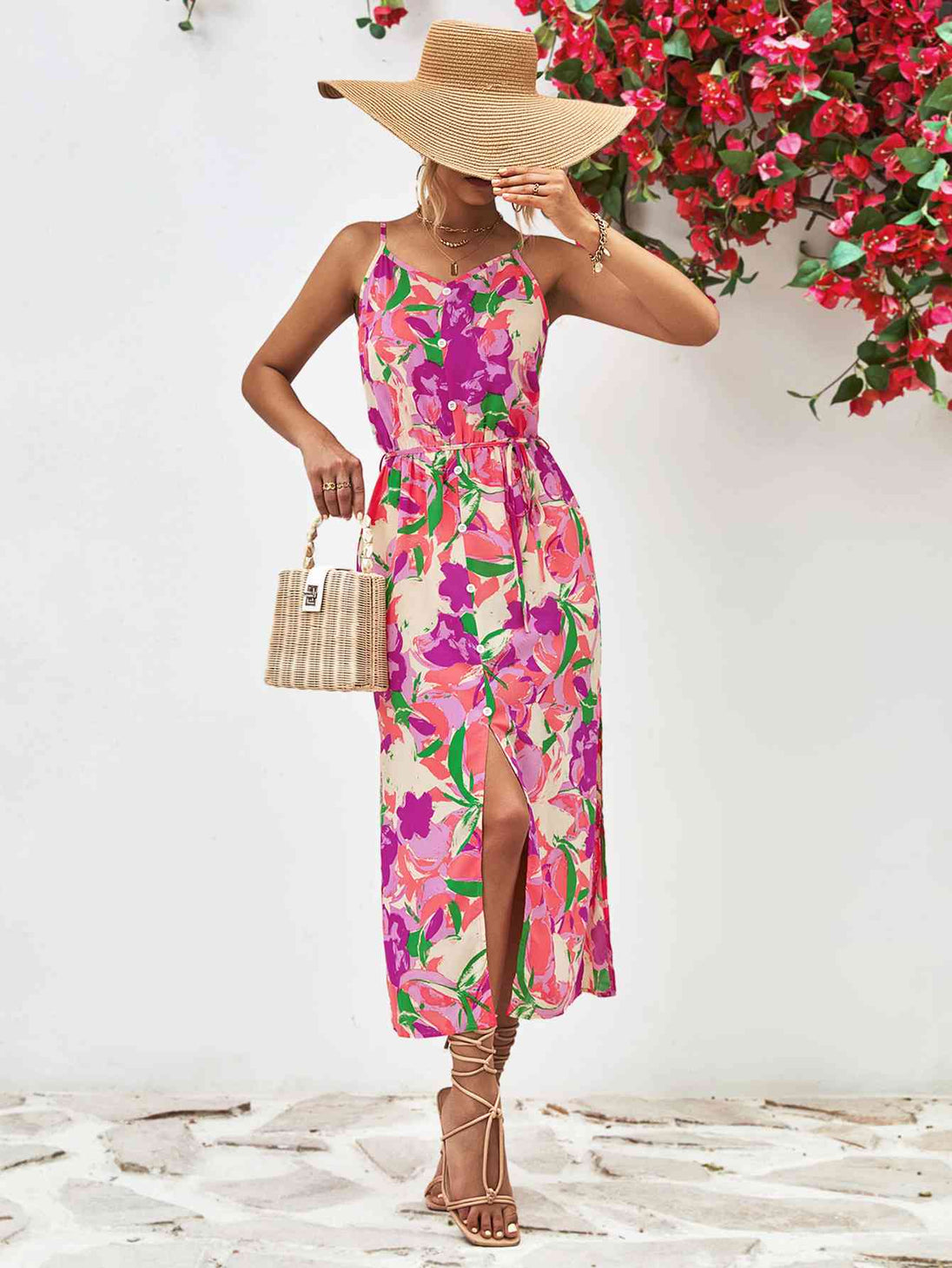 Printed Spaghetti Strap Front Slit Dress -BazaarBey - www.shopbazaarbey.com