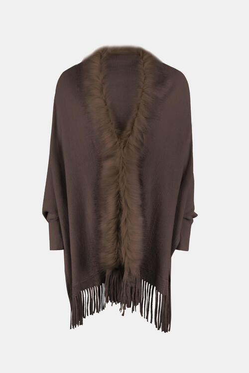 Fringe Open Front Long Sleeve Poncho Bazaarbey