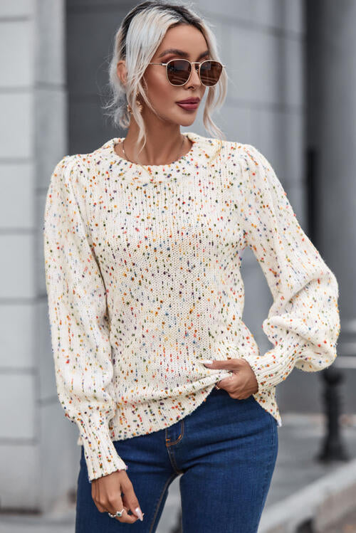 Heathered Round Neck Lantern Sleeve Sweater Bazaarbey