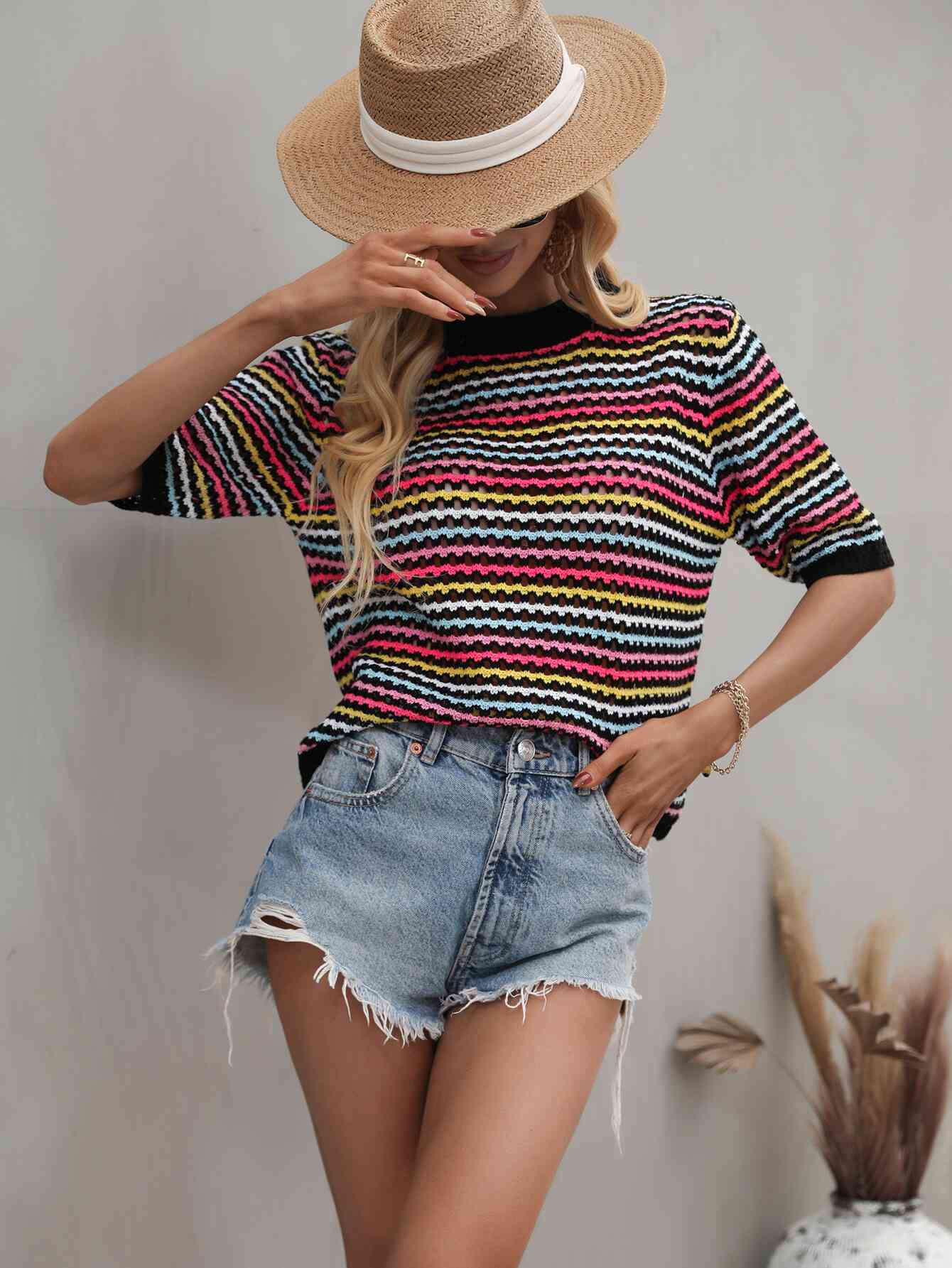 Striped  Half Sleeve Knit Top Trendsi