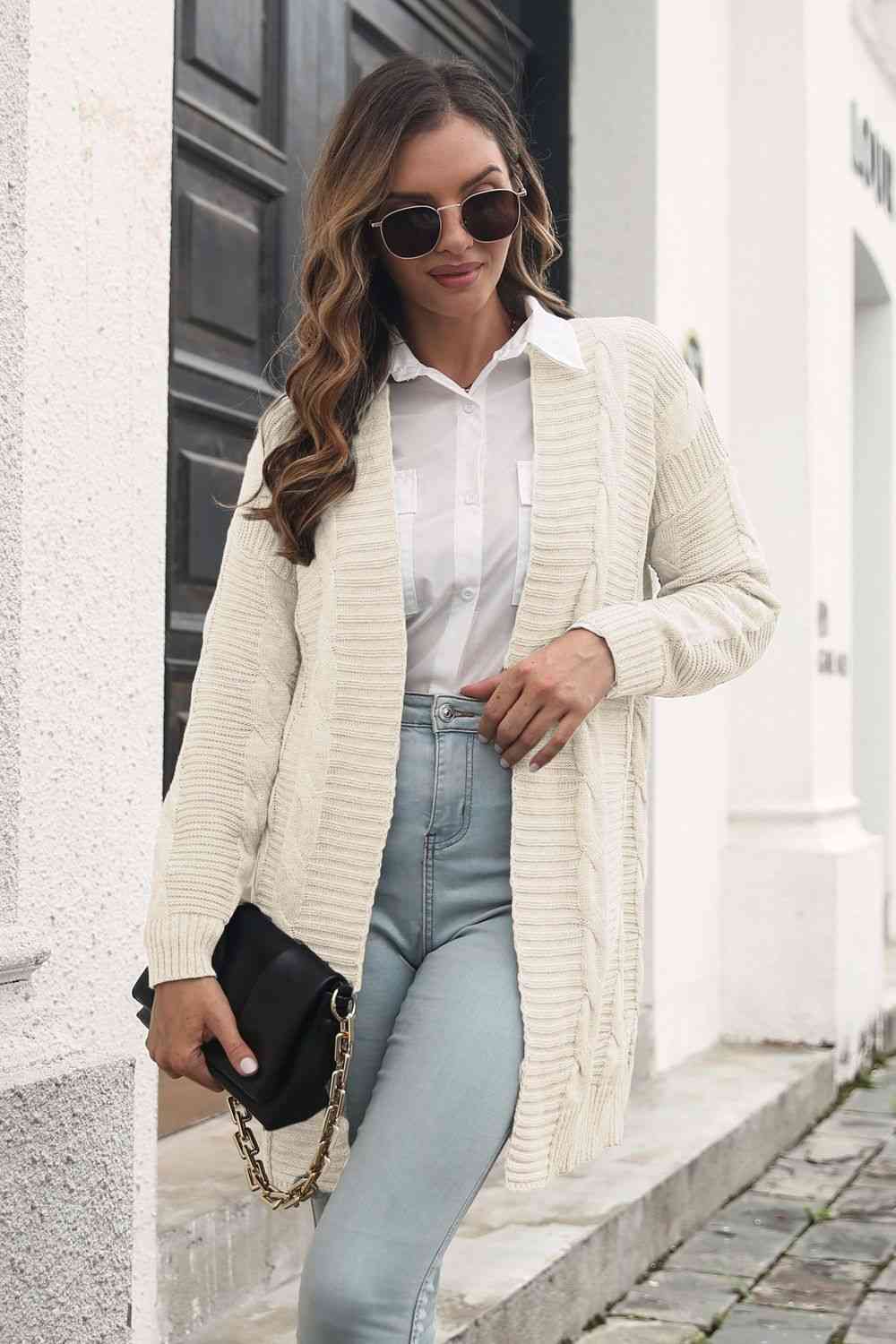 Open Front Cable-Knit Cardigan Trendsi