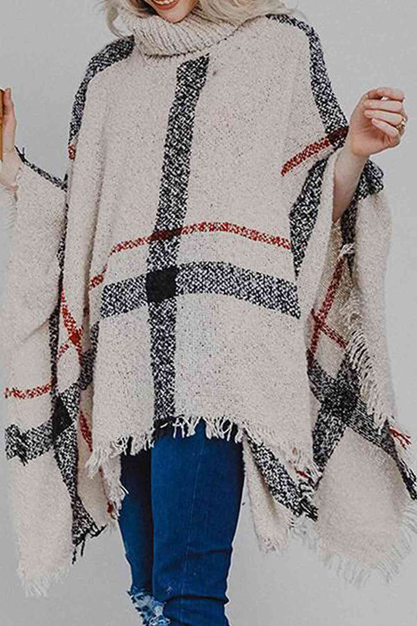 Plaid Turtleneck Raw Hem Poncho Bazaarbey