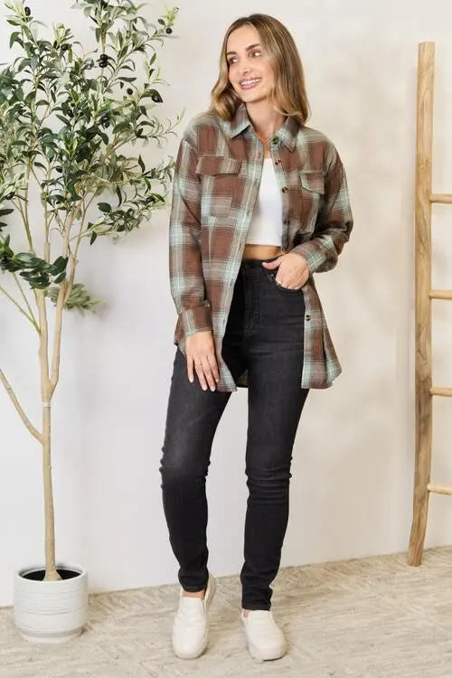  Plaid Dropped Shoulder Shirt Trendsi