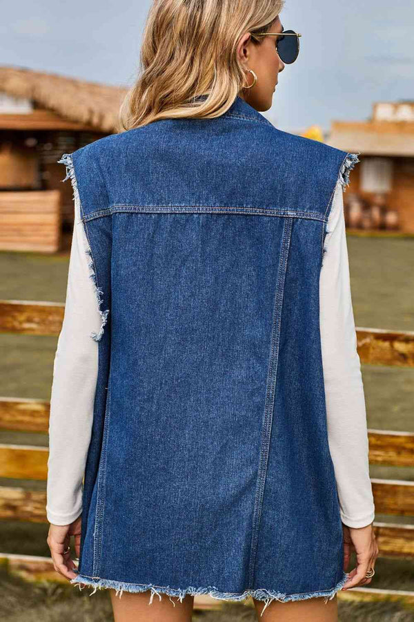 Sleeveless Button-Up Collared Denim Top with Pockets Bazaarbey